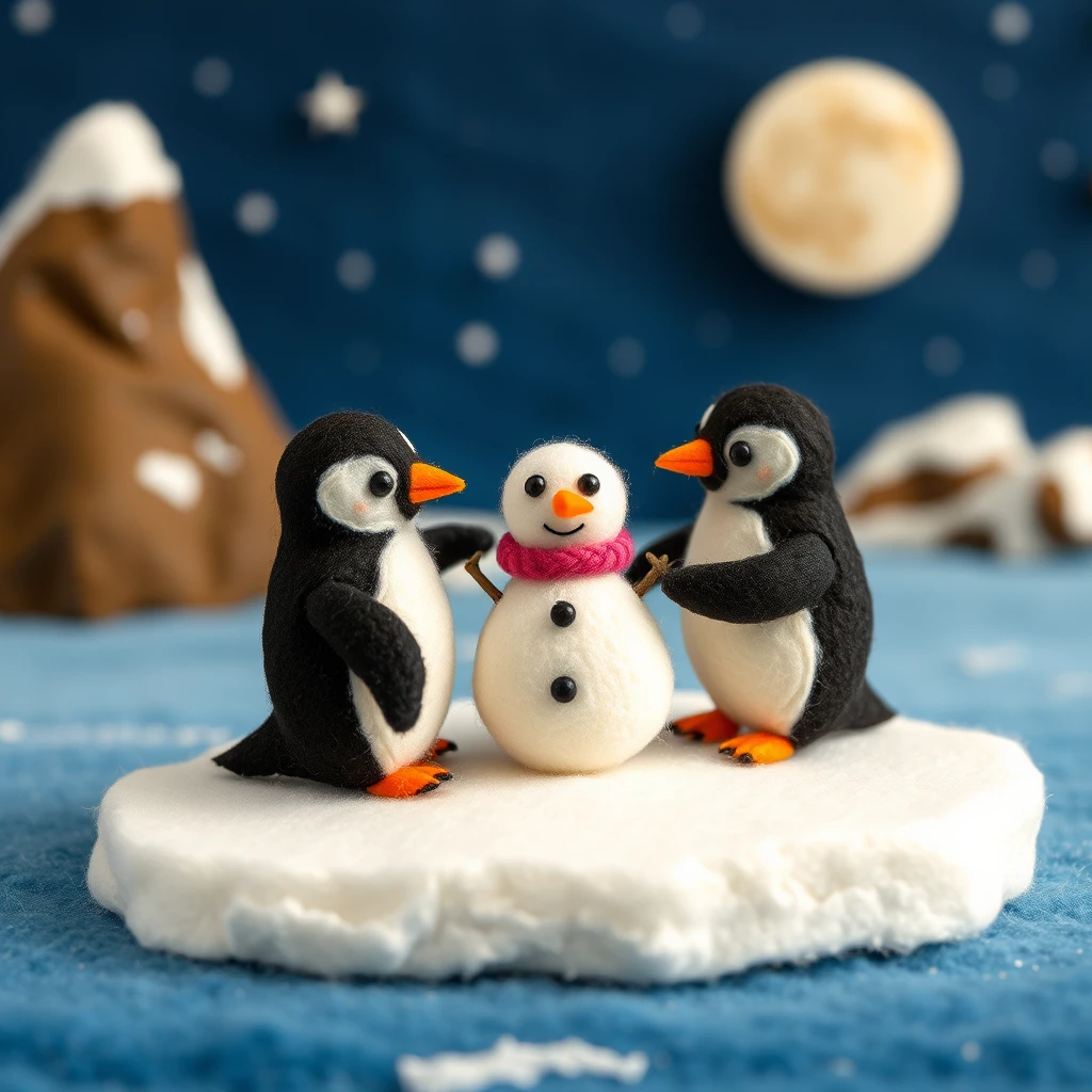 Pingüinos de fieltro construyendo un muñeco de nieve sobre hielo ártico de noche