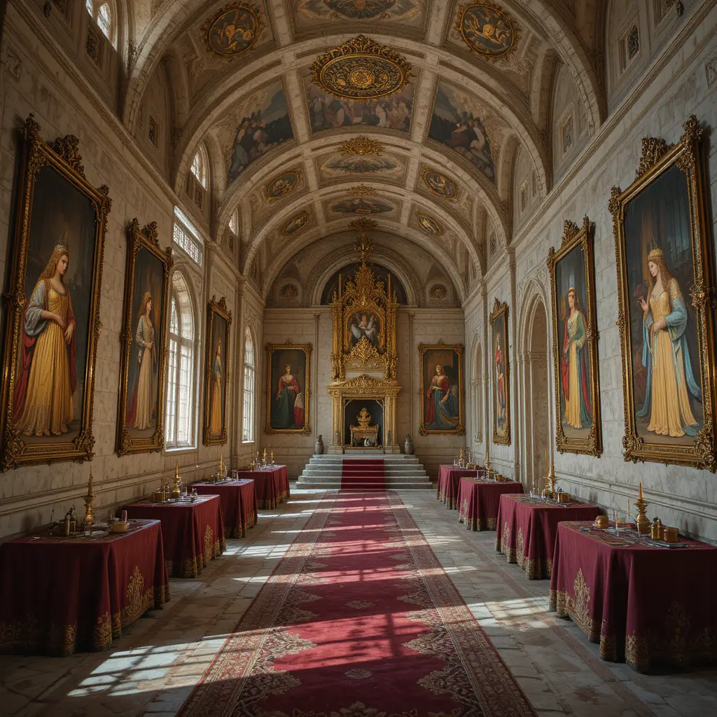Opulent golden castle corridor leading to a grand throne