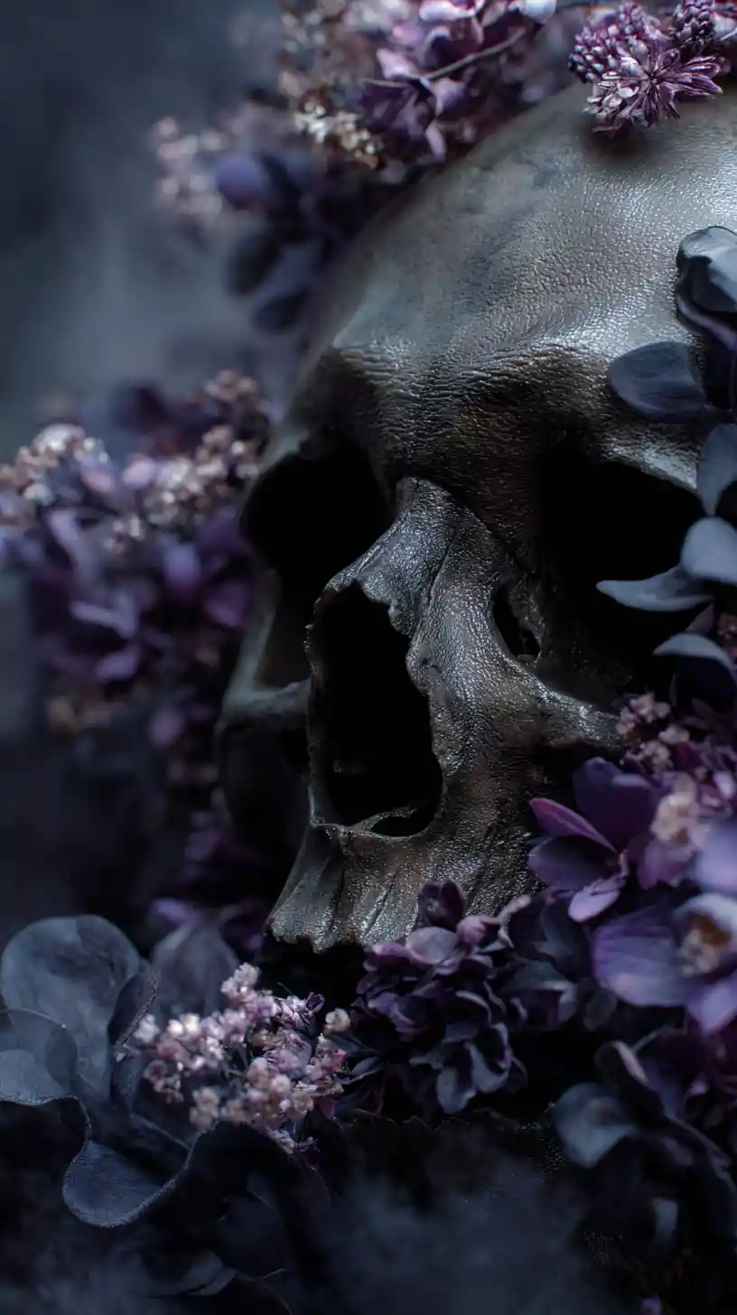 Close up of ancient skull in dark floral mist