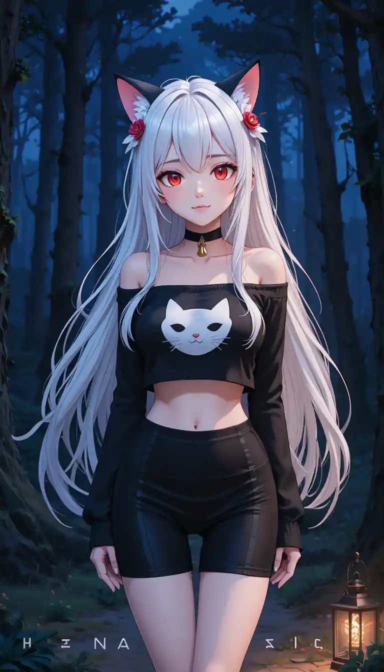Anime cat girl glowing in a dark midnight forest