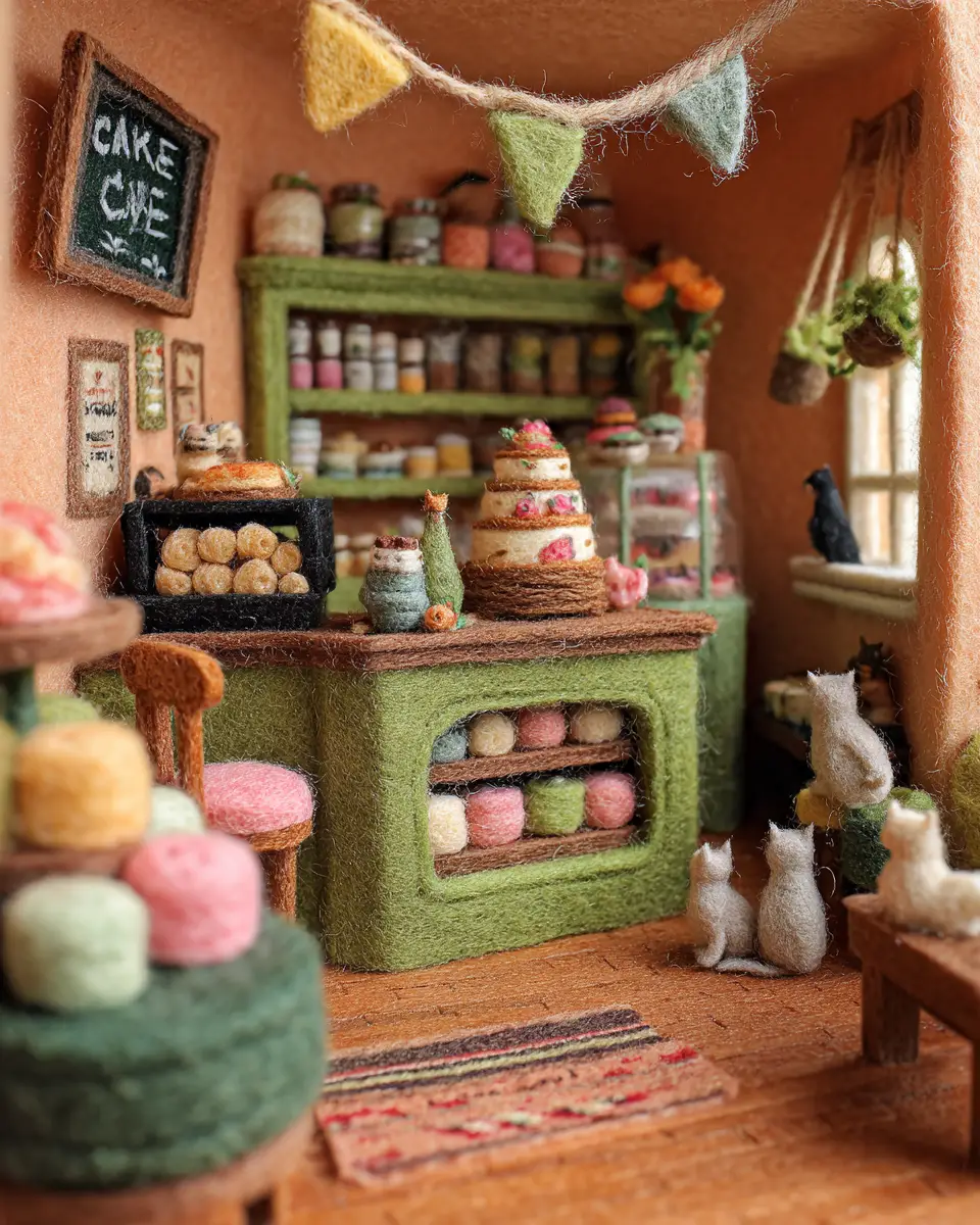 Cozy felt cake shop interior with hidden cats