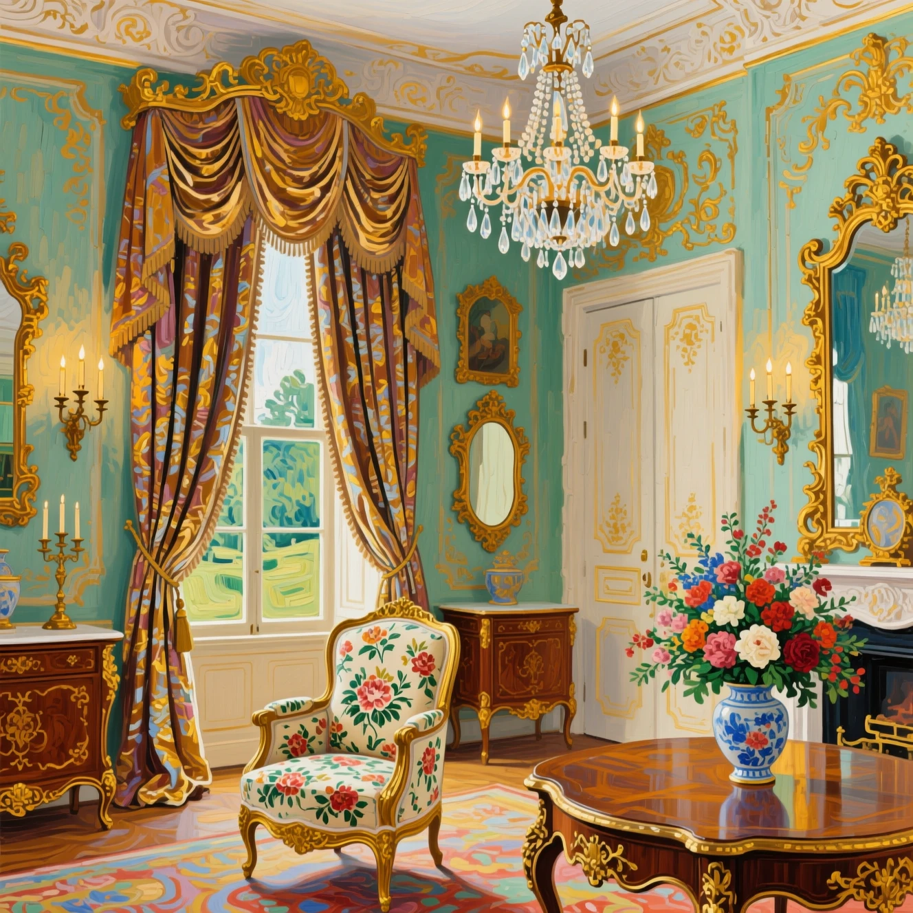 Luxuriöses klassisches Palastinterieur mit verzierter Armlehnsessel und Kronleuchtern