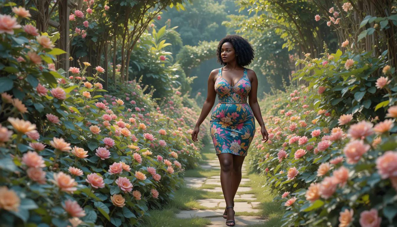 Curvy Black Woman Walking Through Lush Garden In Art Deco Style