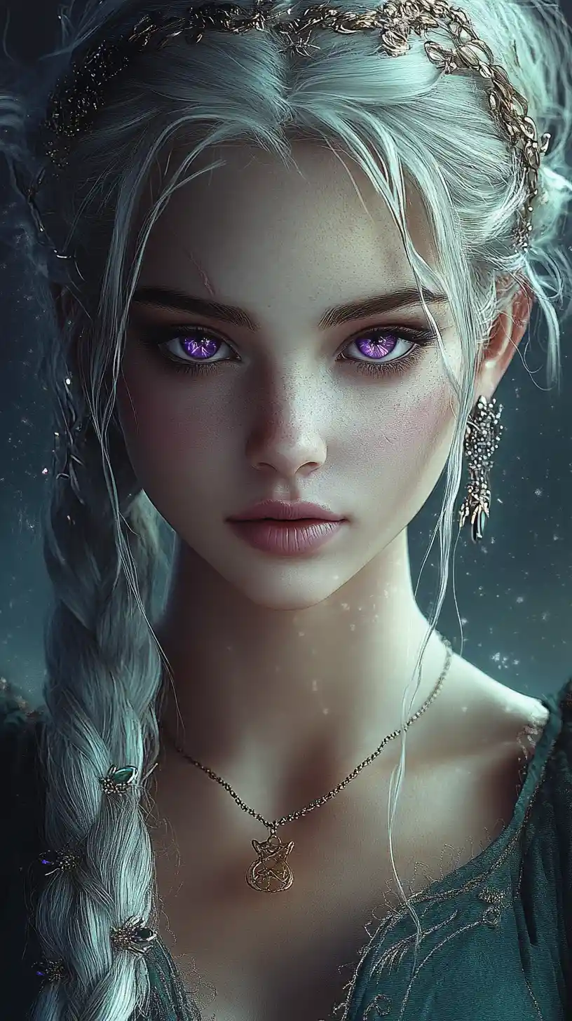 Außerirdische Prinzessin mit violetten Augen in einer Mondlandschaft