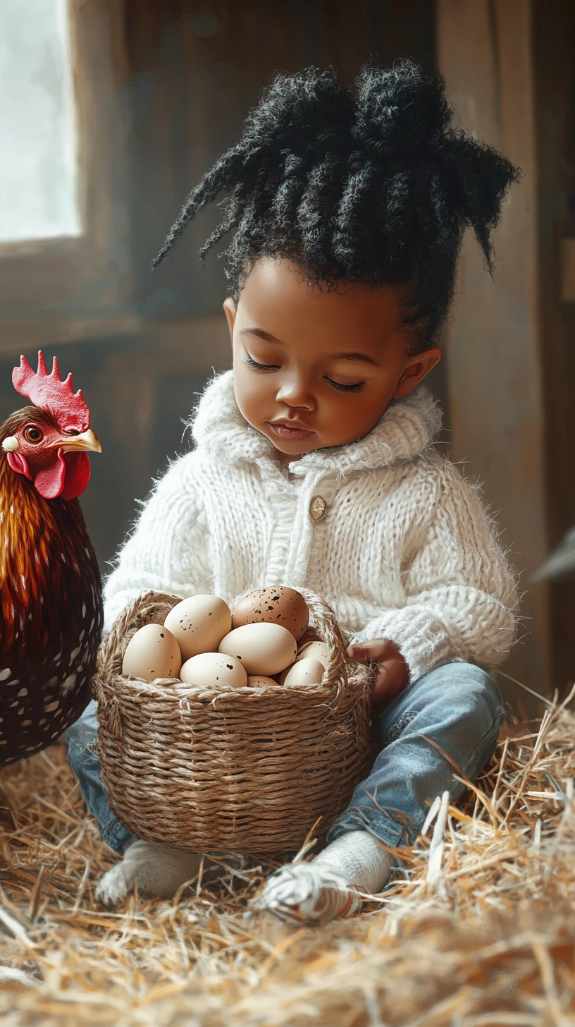 Baby boy with basket of eggs sitting in rustic barn