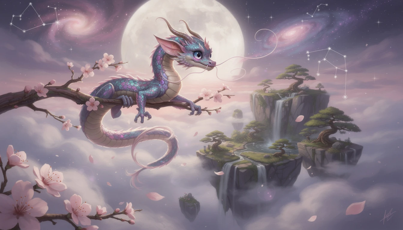 Piccolo drago fiabesco in una scena fantasy surreale e onirica