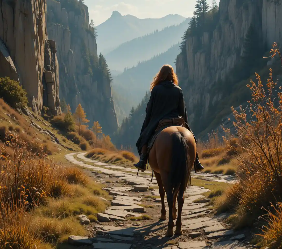 Red haired horsewoman riding through a vast autumn gorge