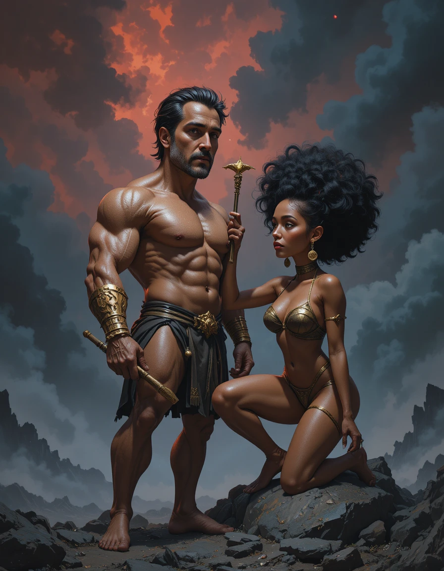 Mythic muscular couple kneeling under dramatic red sky