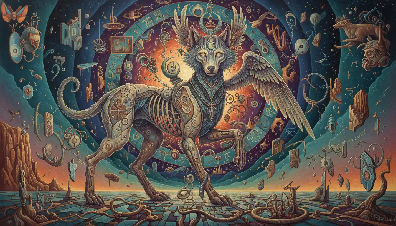 Mystical humanoid canine creature emerging from swirling void