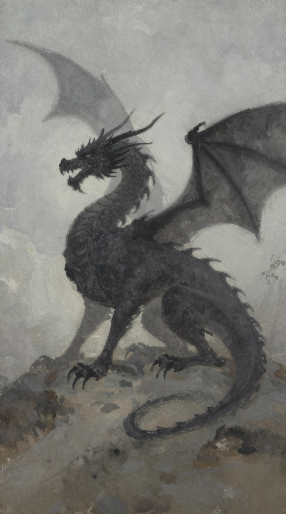 Defeated dragon resting in a desolate watercolor landscape