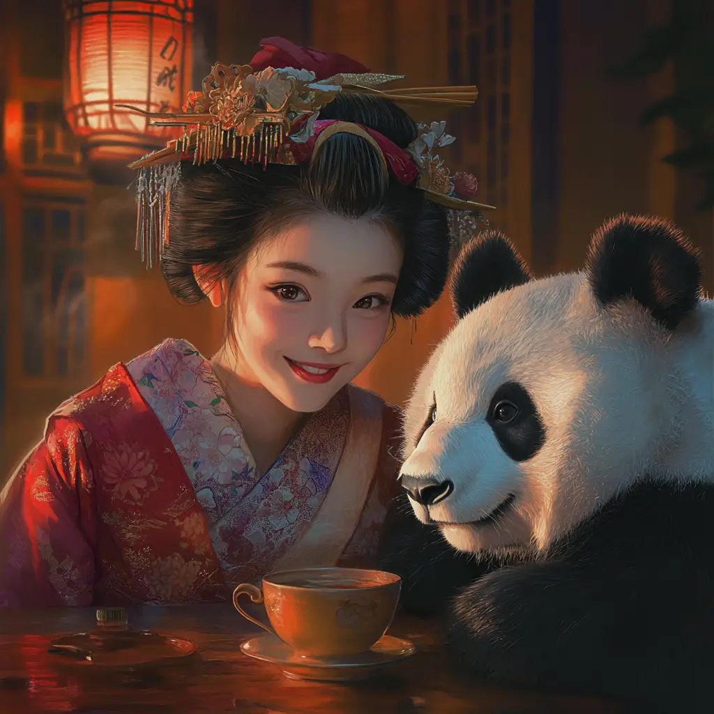 Geisha Sharing Teatime With Panda In Cinematic Style