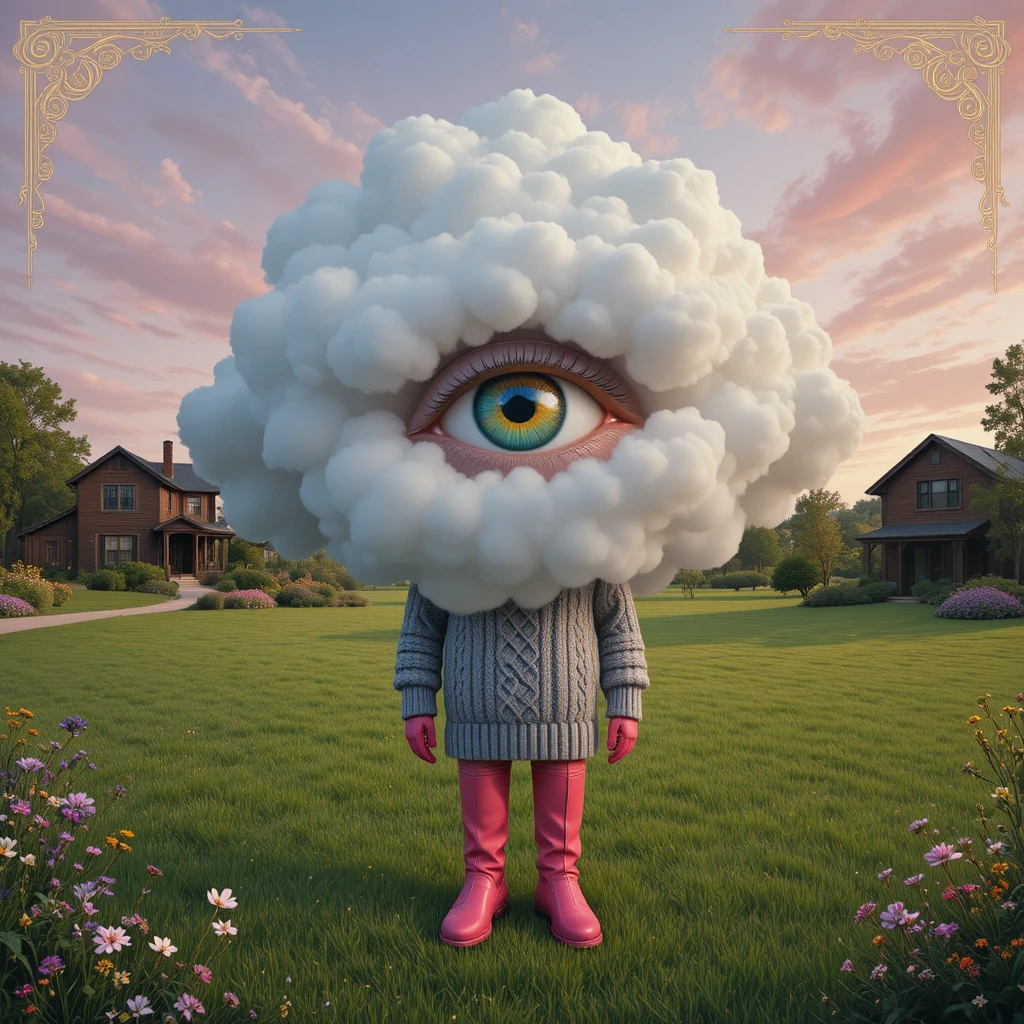 Figura surreal con cabeza de nube y botas rosas en un campo de hierba