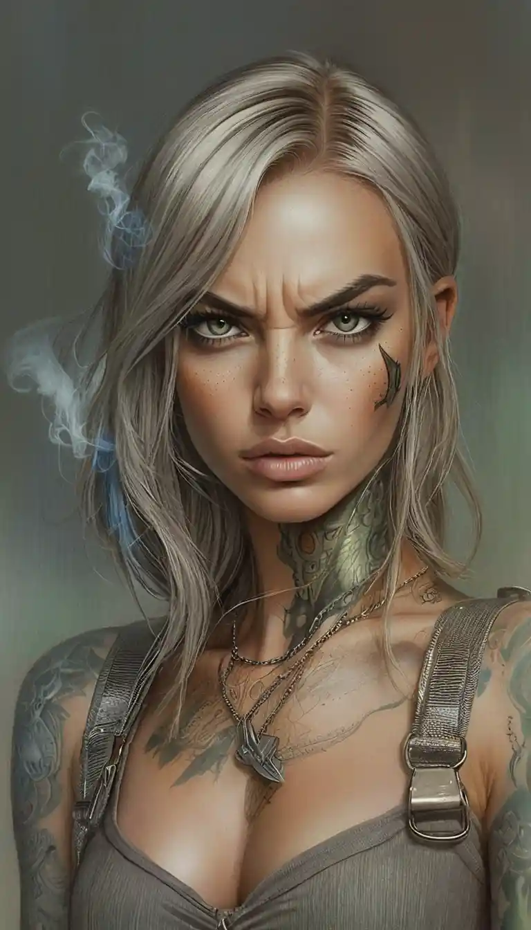 Ritratto di donna cyberpunk intensa con sfondo oliva fumoso