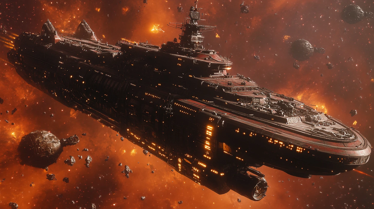 復古未來主義無畏級戰艦漂浮在發光星雲中