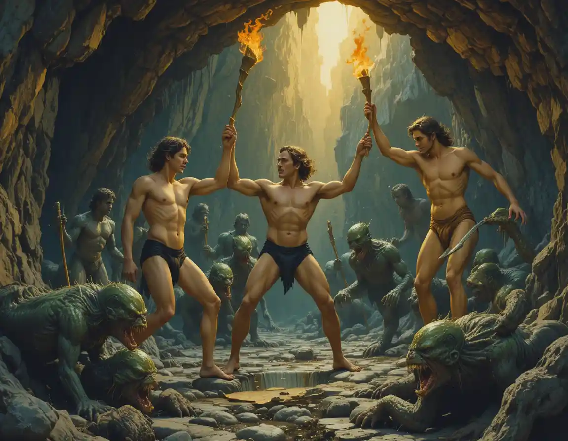 Muscular warriors battling green beasts inside fiery cave