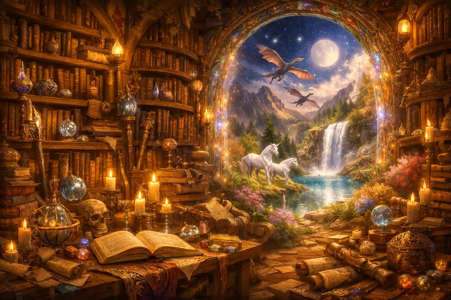 Biblioteca mistica di mago colma di antichi libri e artefatti