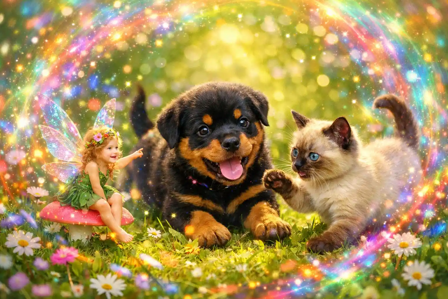 Fada Brincando com Filhote de Cachorro e Gatinho em Prado EnsSolarado