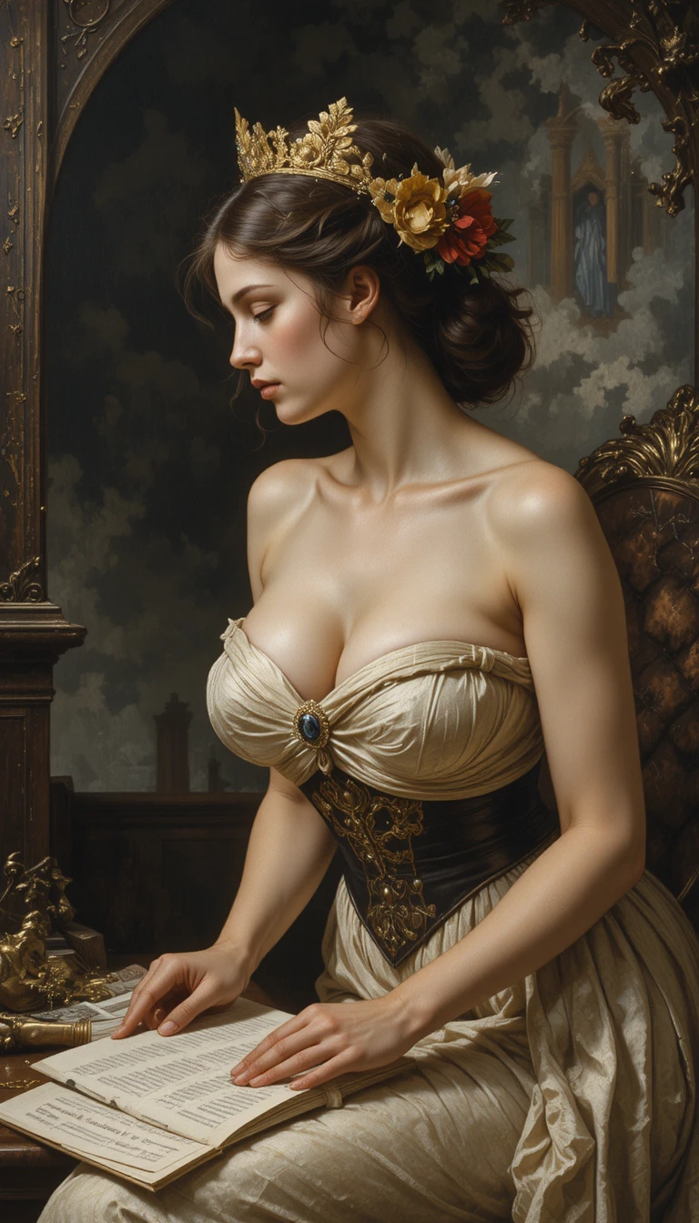 Baroque style full body woman teacher in dramatic chiaroscuro