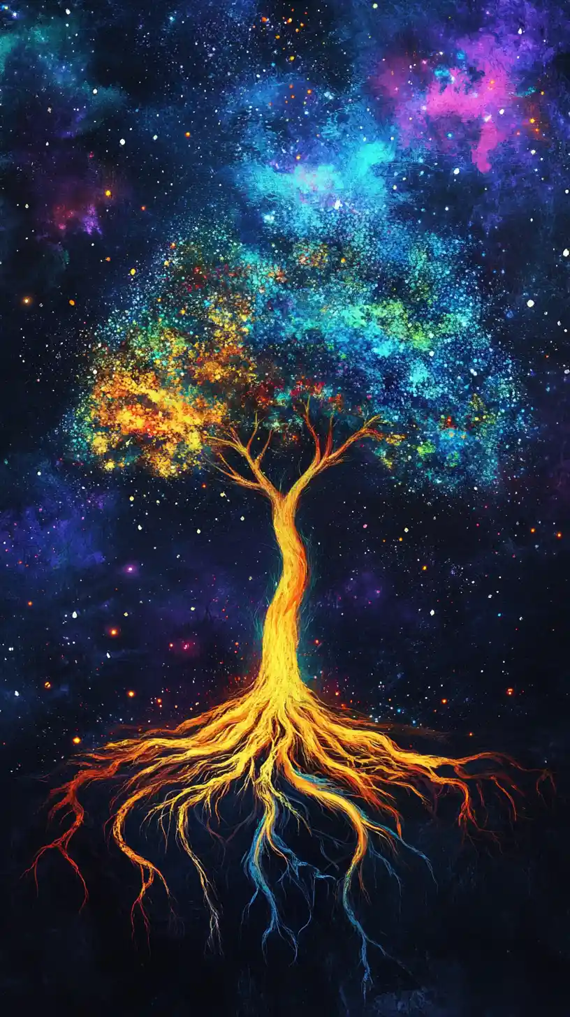 Albero cosmico luminoso che si innalza verso un cielo notturno stellato