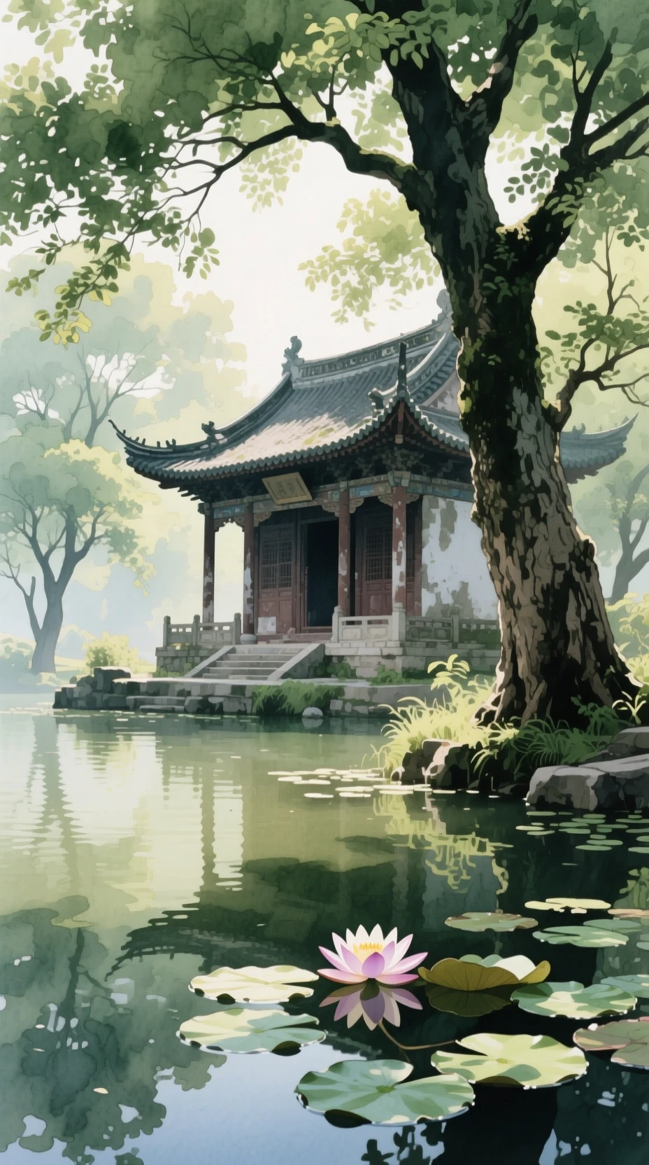 Templo ancestral bañado por el sol bajo los árboles junto al agua brillante