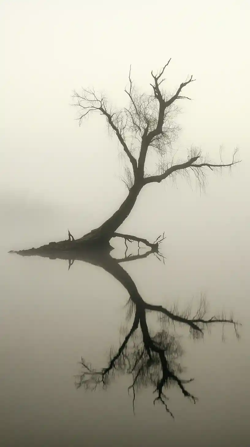 Einsamer Baum, der aus nebligem Wasser in monochromer Landschaft ragt