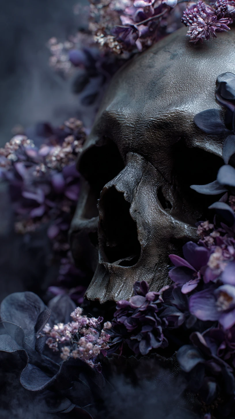 Close up of ancient skull in dark floral mist