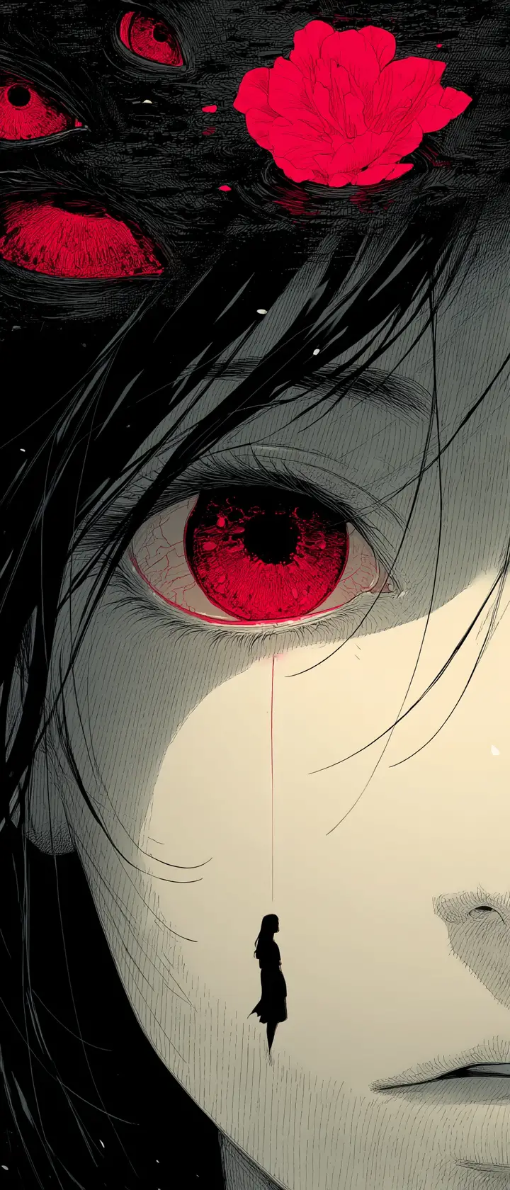 Anime girl floating in a void of watching eyes