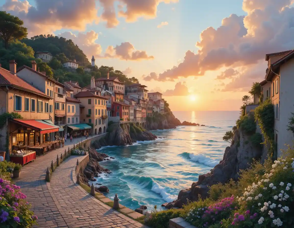 Peaceful seaside town streets glowing in soft sunset light