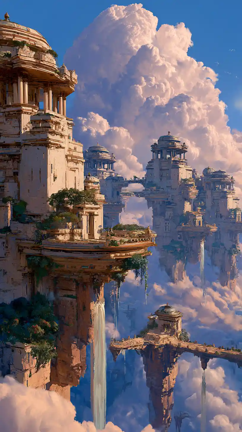 Majestic Sky City Floating Among Golden Cloudscapes