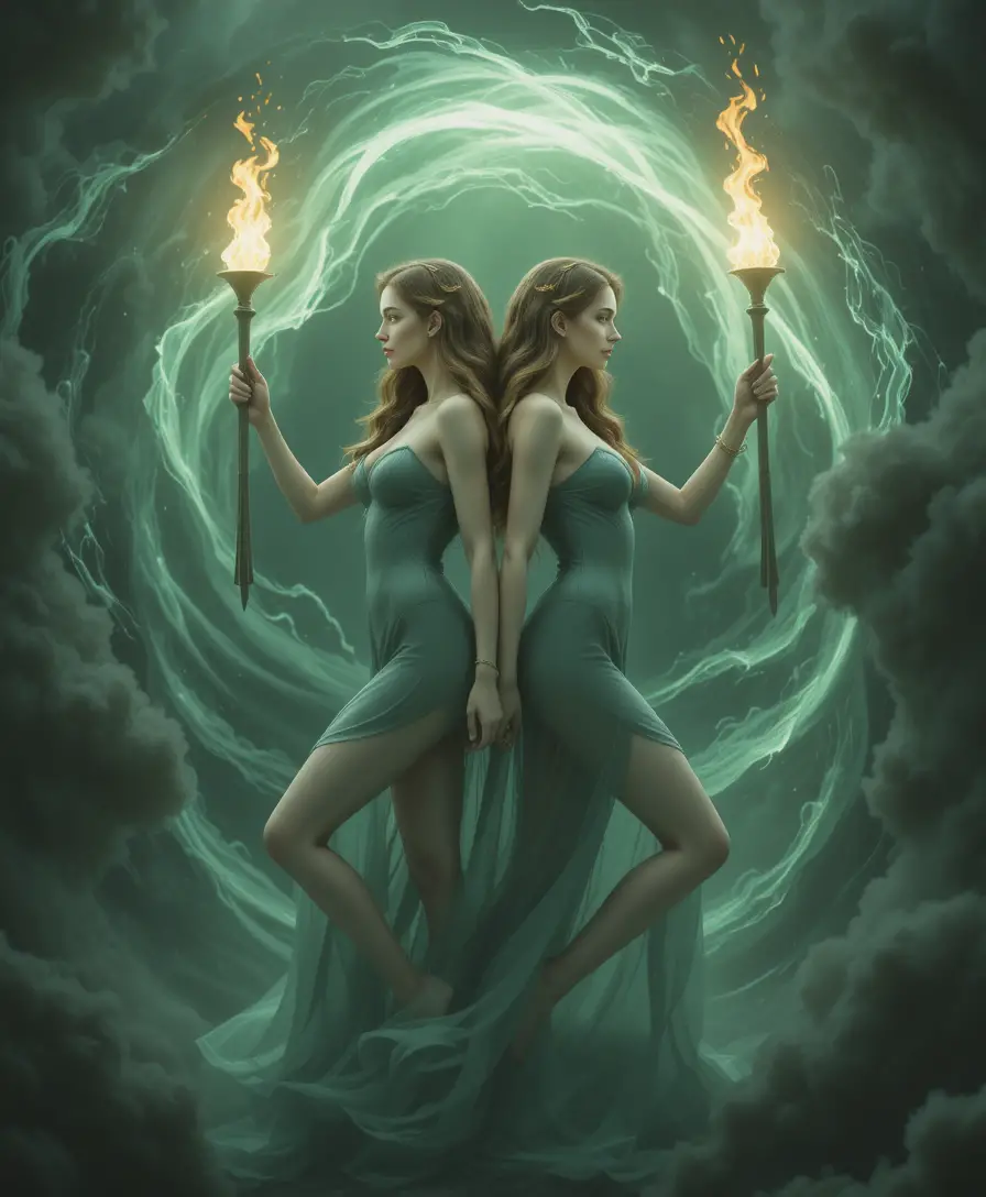 Twin torchbearing goddesses framed by a swirling dark vortex