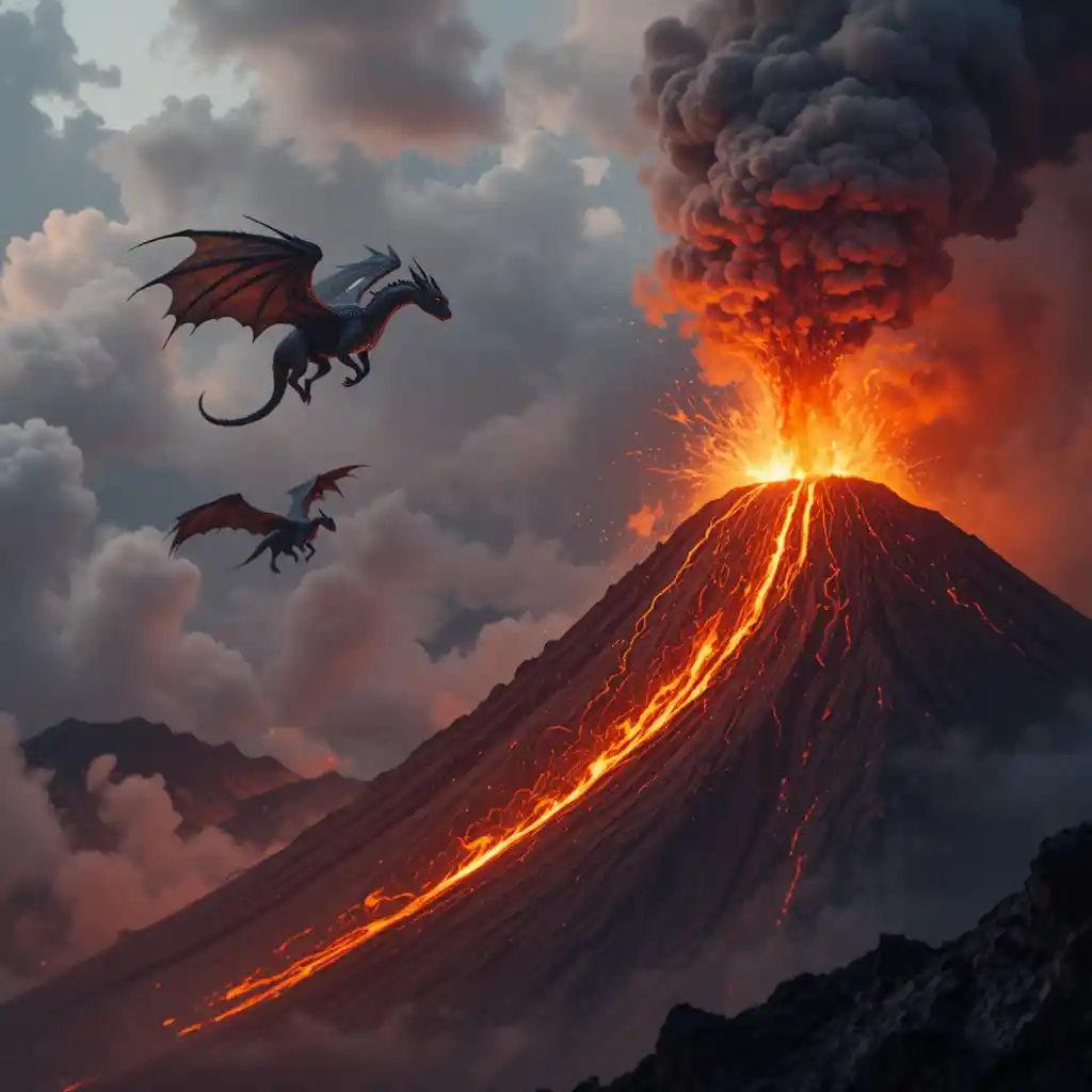 爆発する火山山脈の上空を舞うドラゴンたち