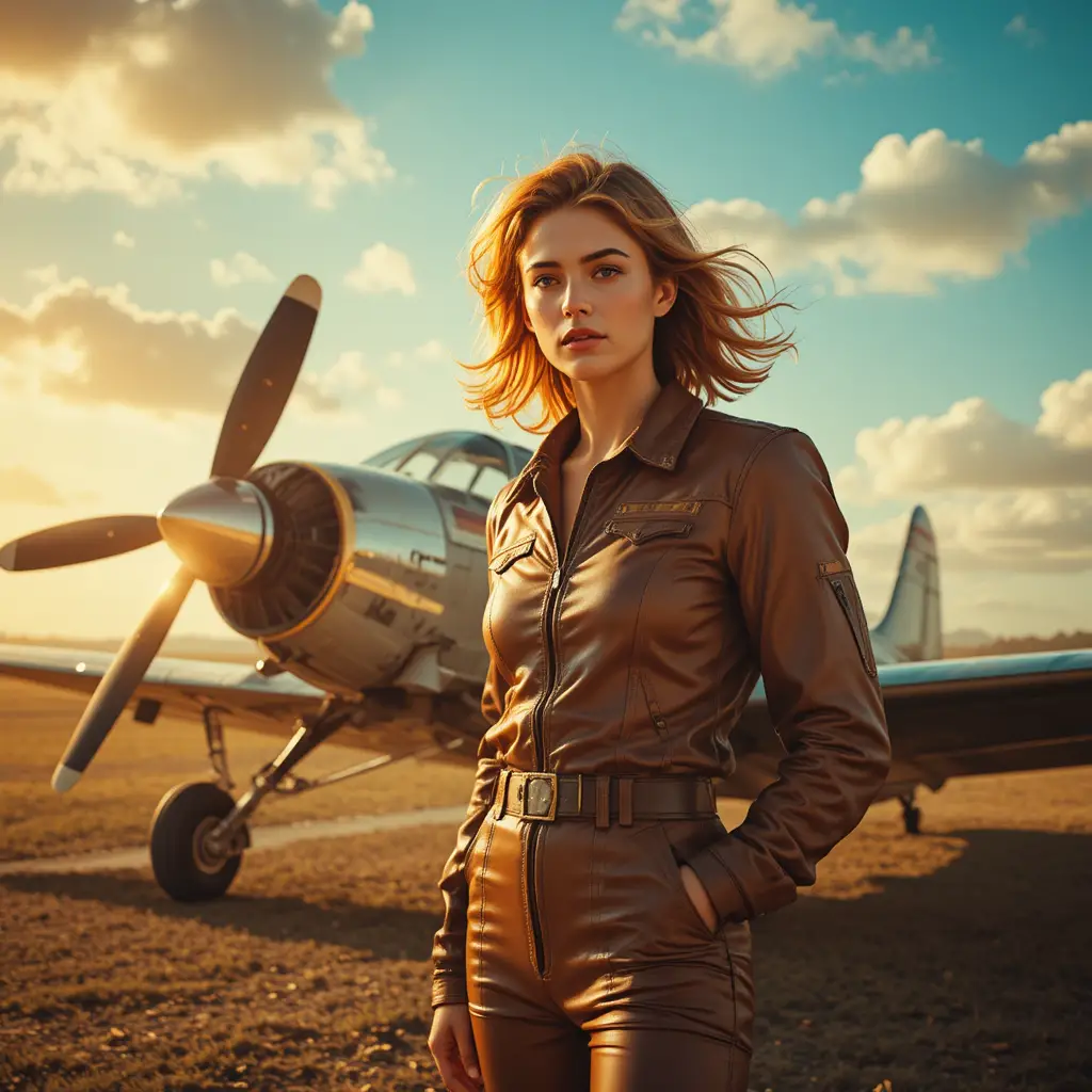 Woman pilot in leather suit beside retro airplane at sunset