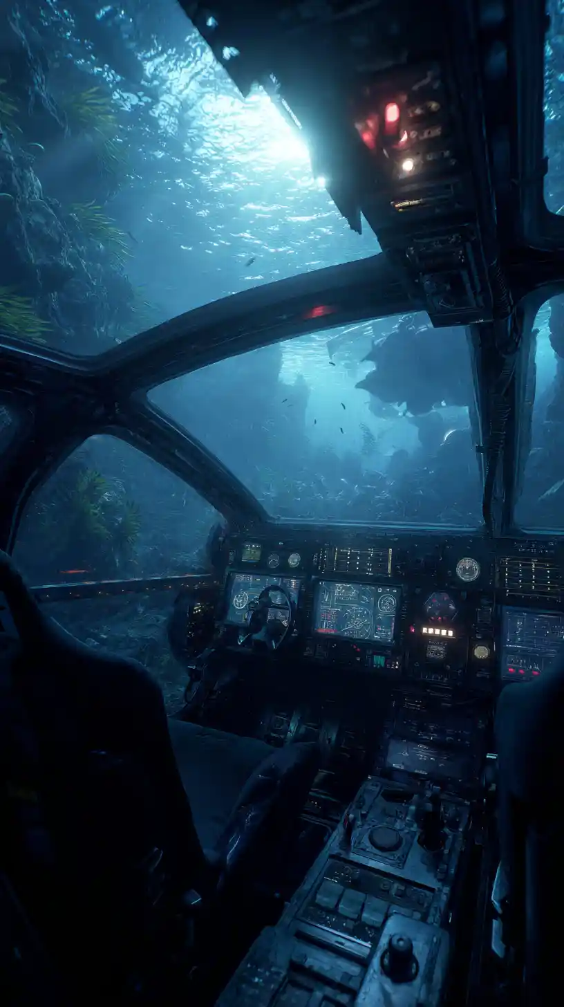 Surrealer Tiefseeblick aus einem futuristischen U‑Boot