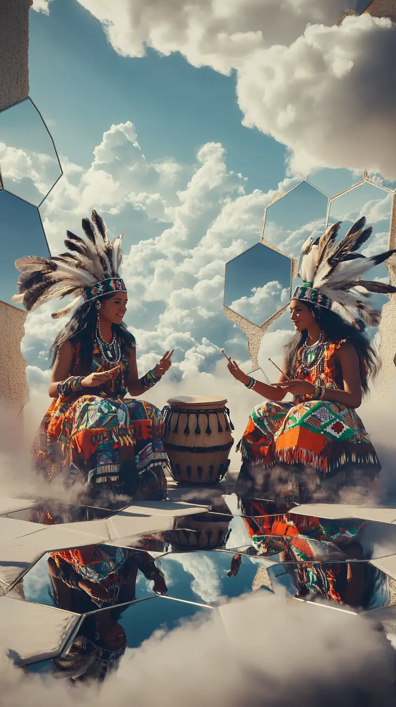 Surreal native american women drumming before giant mirrors