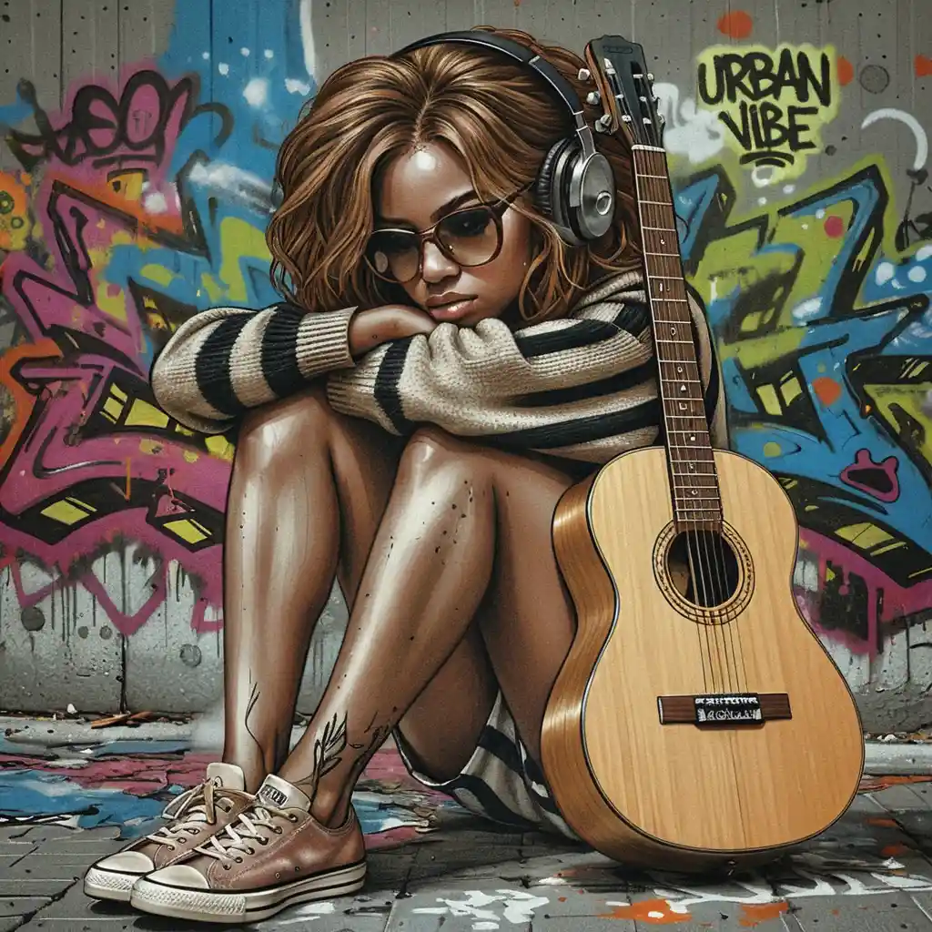 Young woman sitting against a worn city wall