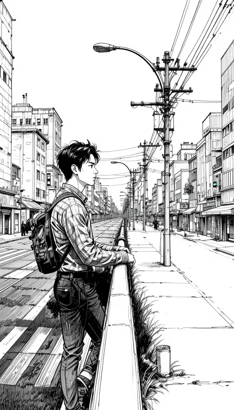 Young man on overpass above empty city intersection