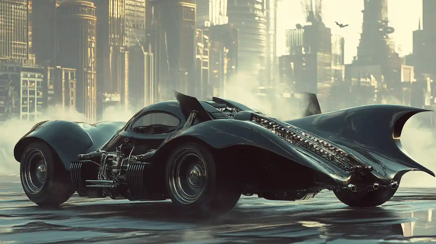 Flying retro futuristic car above hazy gothic cityscape