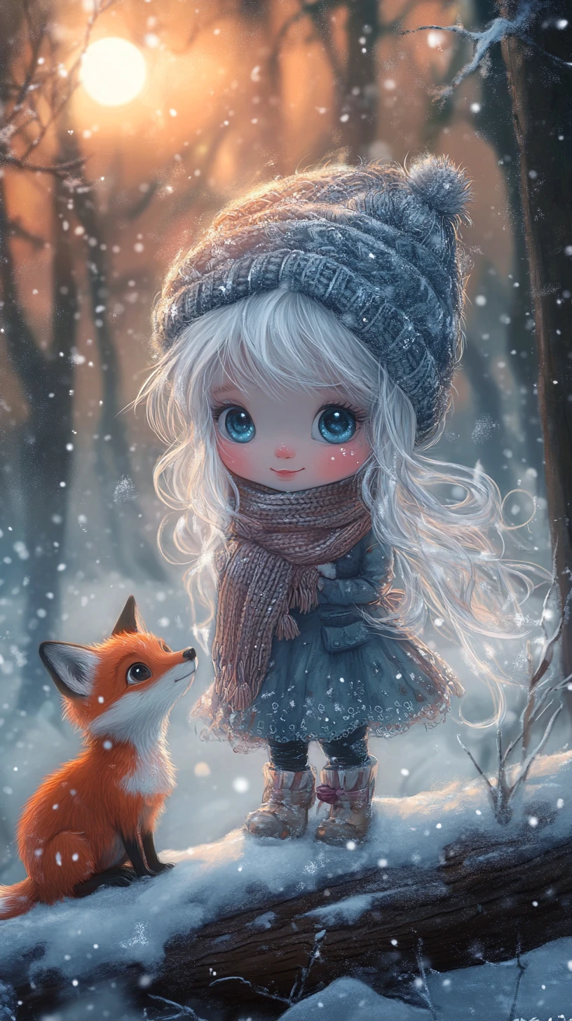 魔法のような雪の森の狐と冬の妖精の子ども