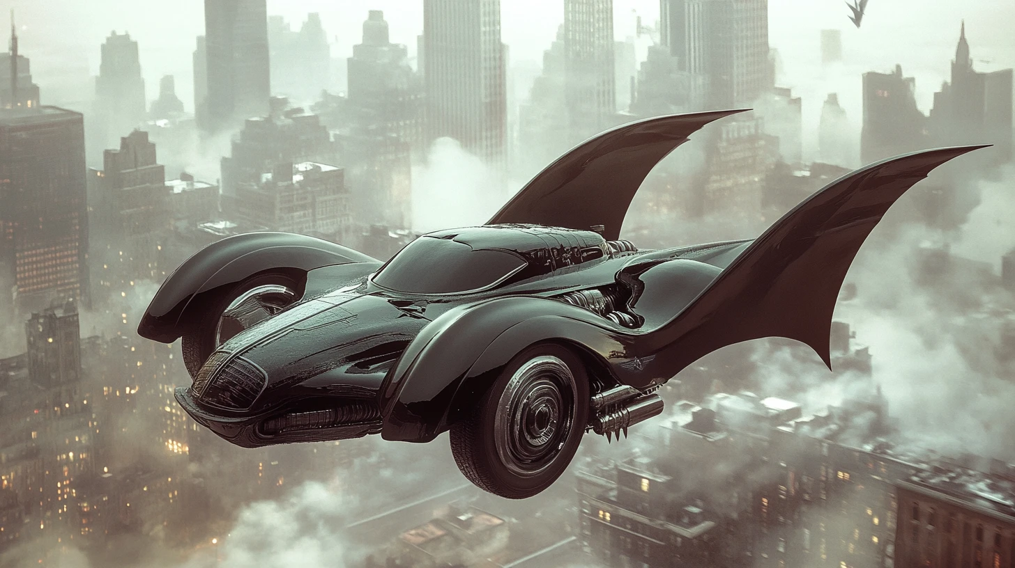 Auto volante retro-futuristica sopra paesaggio urbano gotico avvolto nella foschia