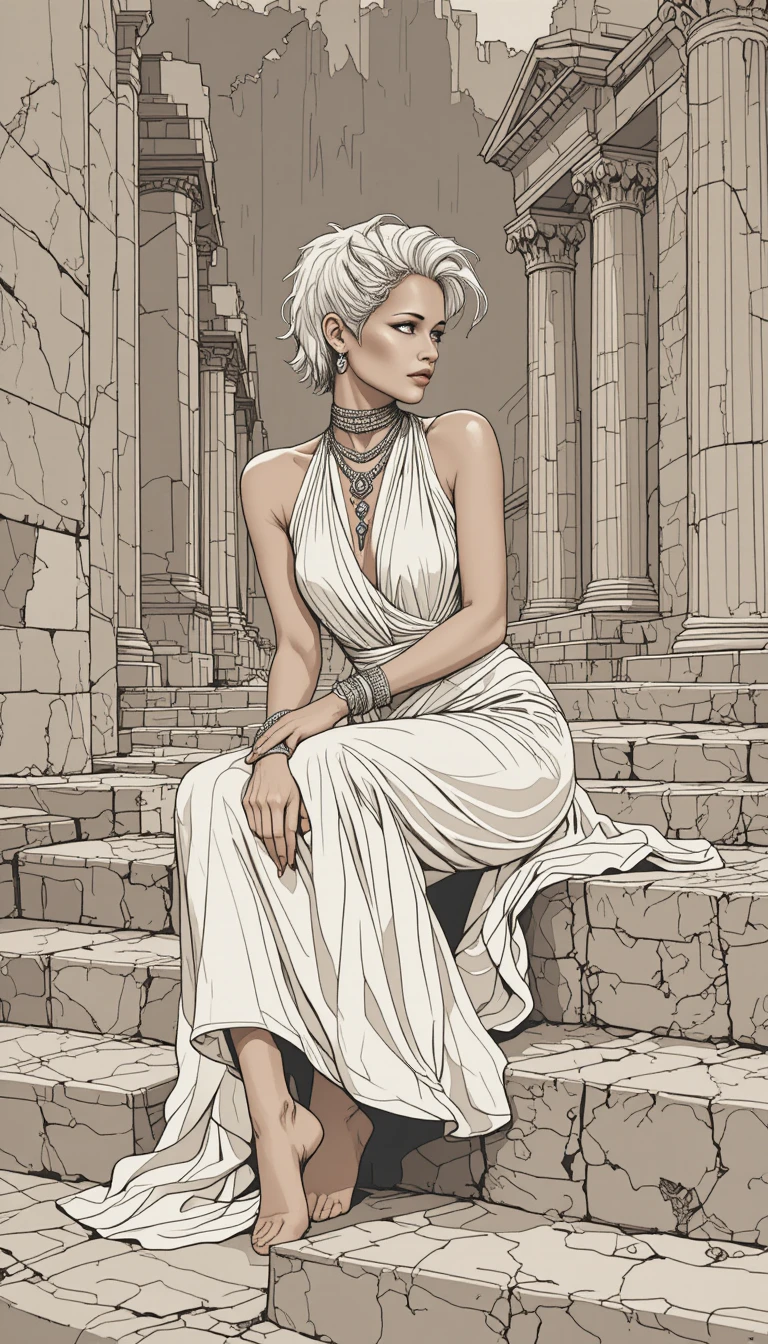 Elegant woman in draped dress seated on weathered stone steps