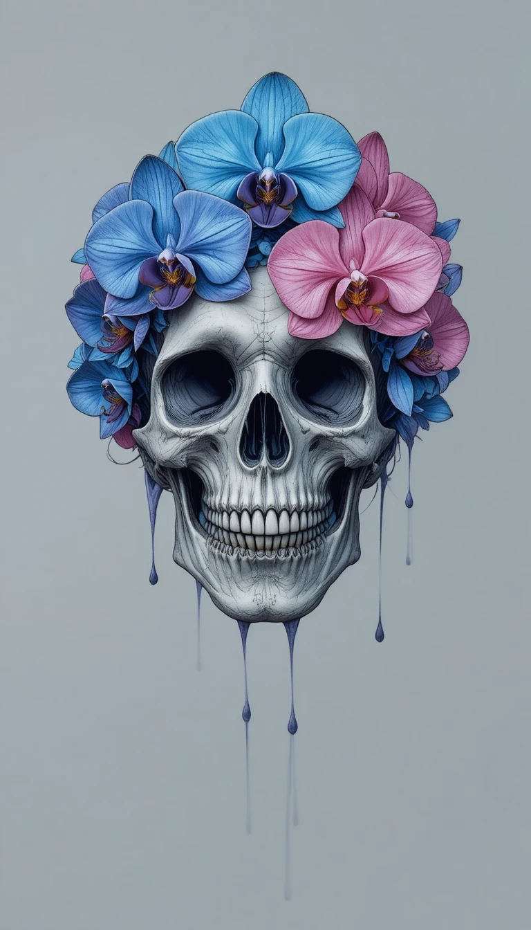 Teschio con orchidee blu e rosa su sfondo grigio