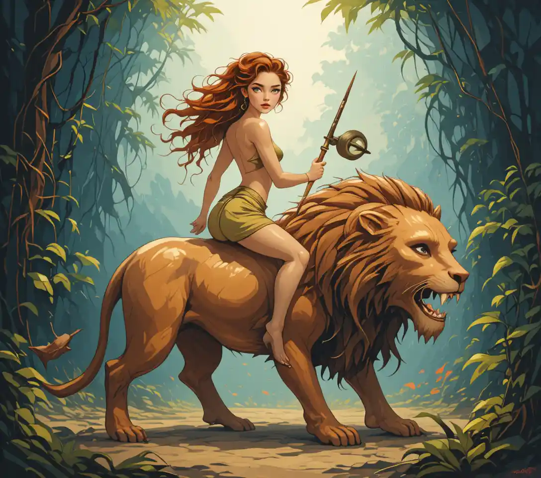 Héroes de fantasía montando un león a través de la jungla brumosa