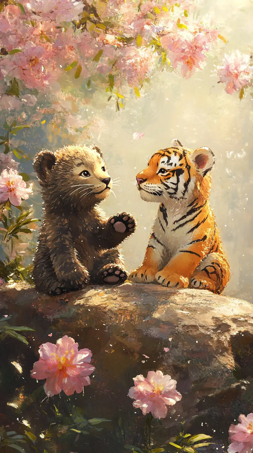 Bear and tiger cubs on a rock among pink flowers