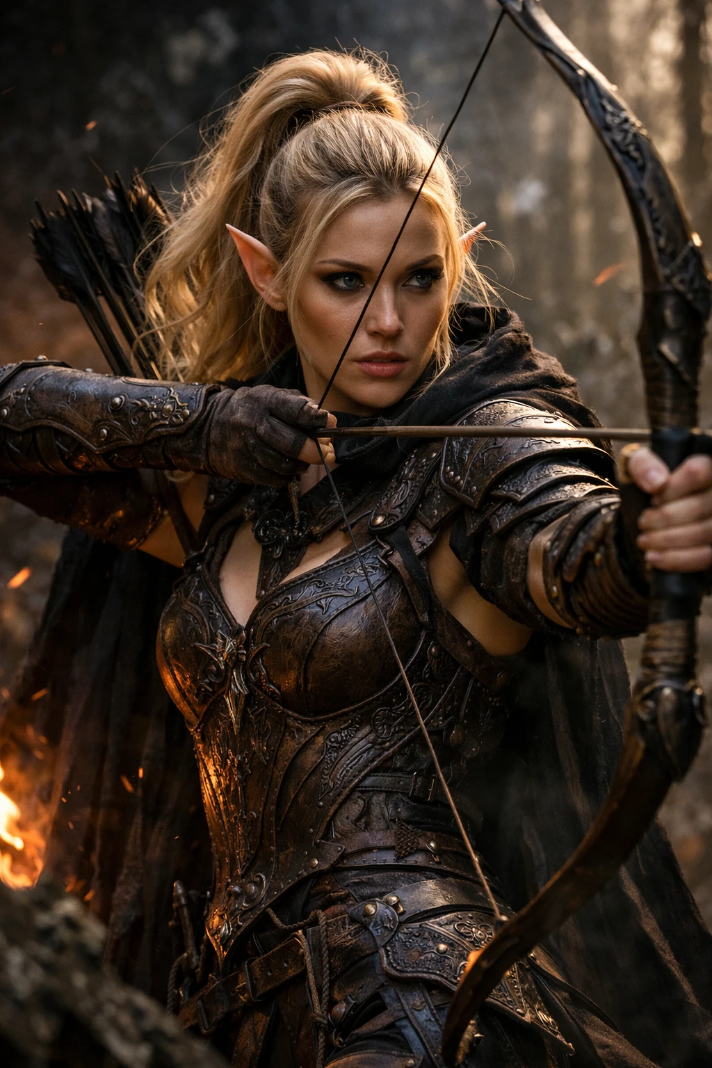 Dark elf archer woman in ornate leather armor portrait