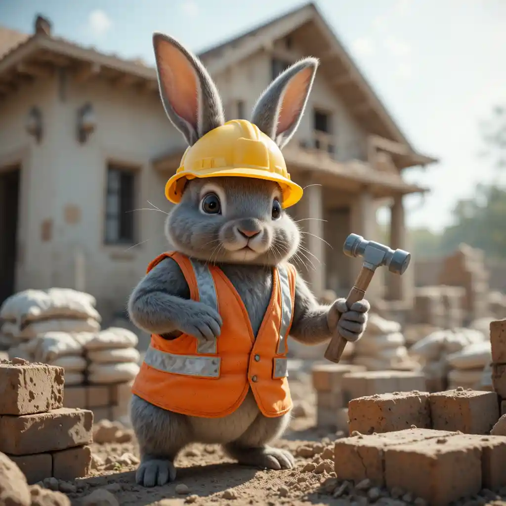 Strong grey rabbit construction worker at busy building site