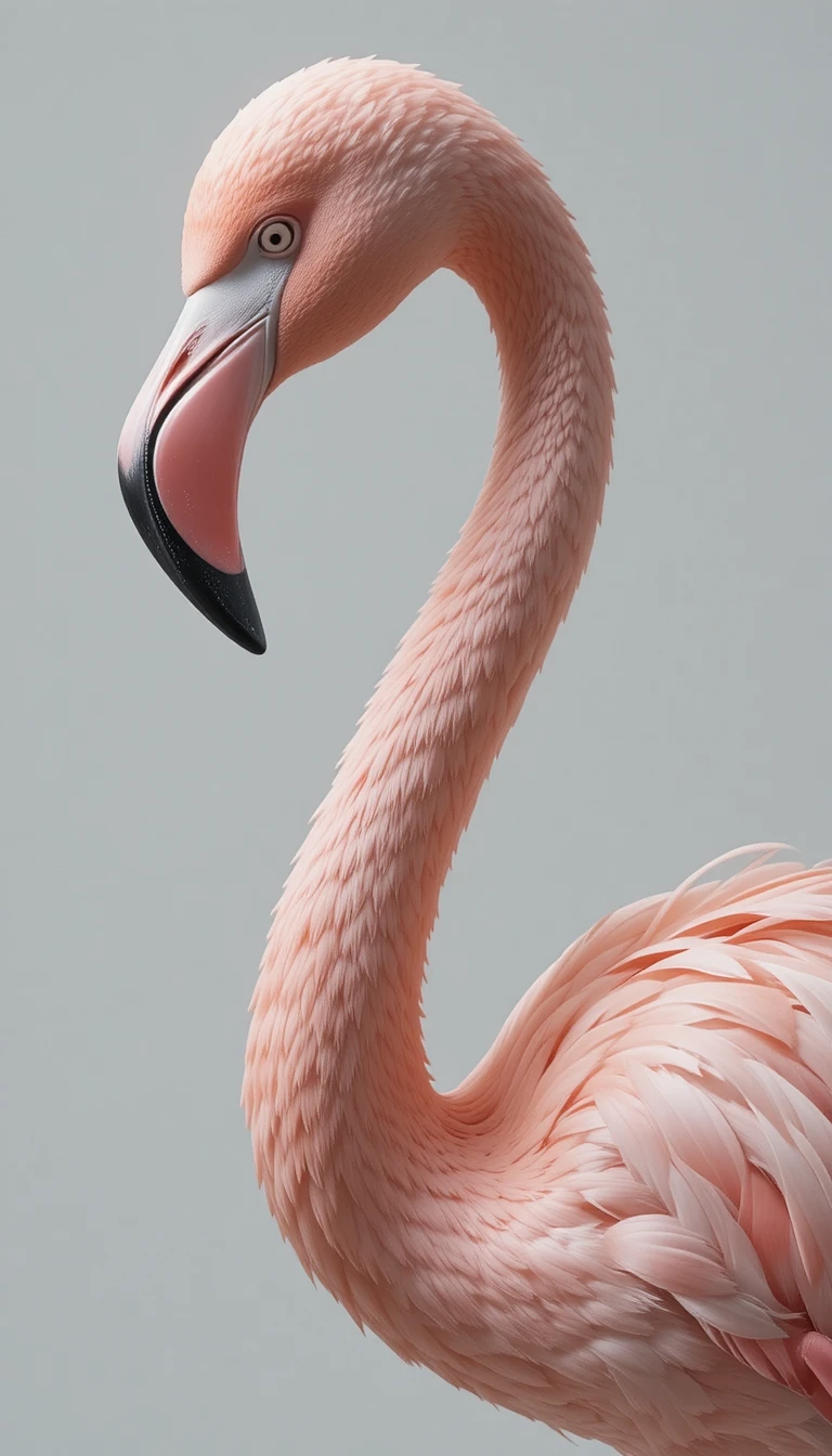 Soft pink flamingo close up against a white background