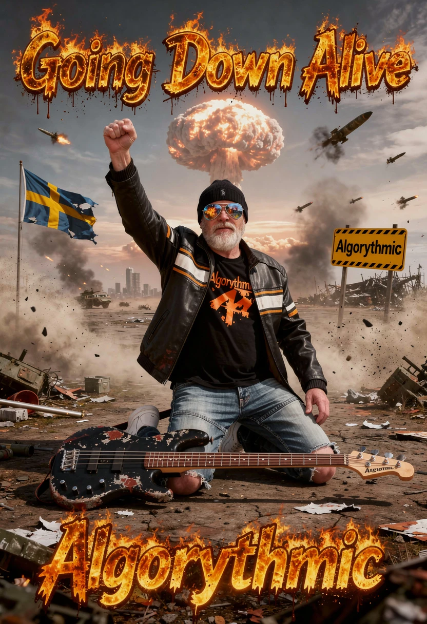 Kneeling bearded man raising his fist on ruined battlefield