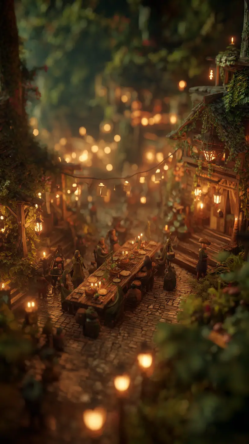 Enchanted Forest Tavern Feast With Mythical Creatures At Dusk
