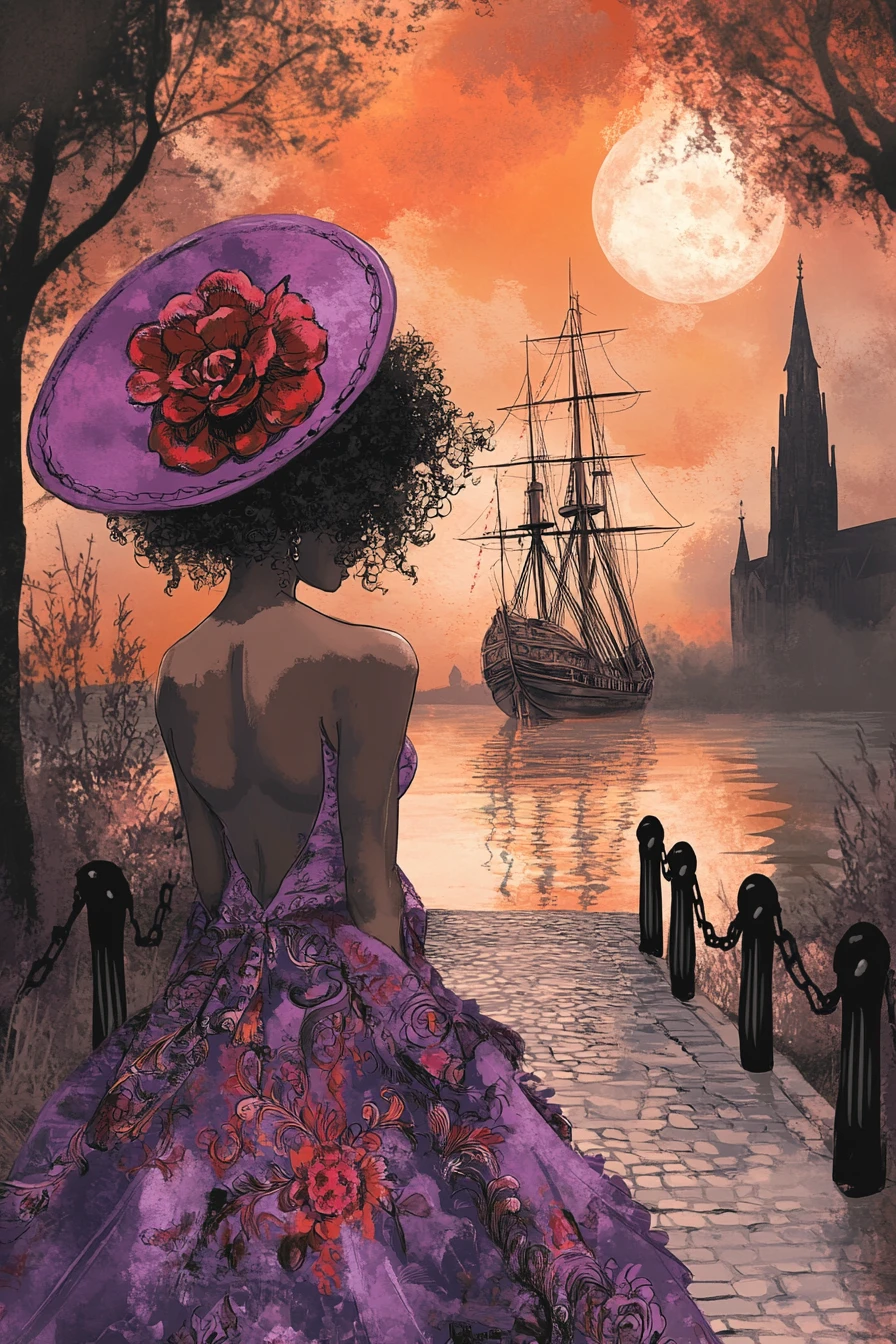 Elegante donna con cappello che osserva un veliero al chiaro di luna