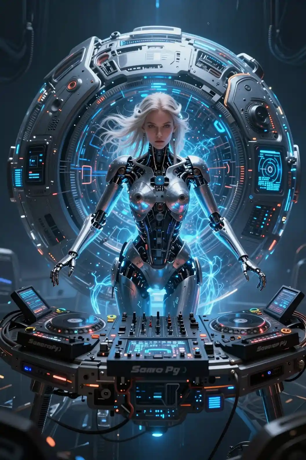 DJ diosa cíborg dentro de una esfera musical futurista luminosa